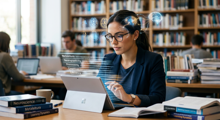 Pessoa concentrada e lendo rapidamente um e-book em um tablet, com elementos visuais de redes neurais e velocidade, simbolizando o Curso Leitura Dinâmica - Metaleitura (LDE) e o aprendizado eficiente.