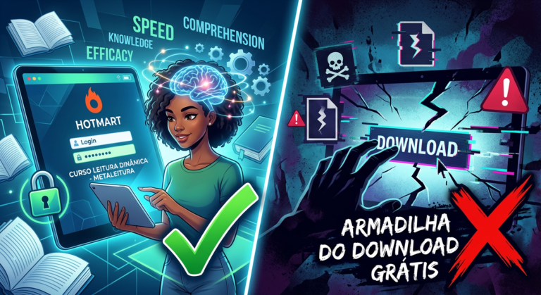 Imagem contrastante: login oficial seguro do Curso Metaleitura vs. download grátis perigoso e ilegal, simbolizando velocidade e compreensão de leitura.