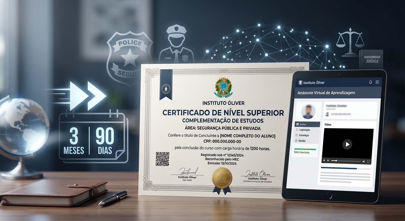 Certificado de Nível Superior Sequencial em Gestão de Segurança Pública e Privada do Instituto Óliver, com laptop EAD, calendário de 3 meses, e símbolos jurídicos e de segurança, destacando a conformidade legal para concursos.