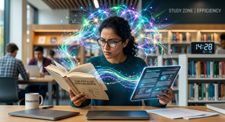 Pessoa lendo rapidamente com alta concentração, rodeada por elementos visuais que representam neurociência e memorização, simbolizando a leitura dinâmica e a retenção de conteúdo do curso Metaleitura.