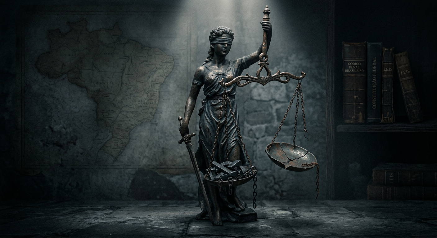 Lady Justice com balança desequilibrada, simbolizando impunidade e falhas no sistema jurídico brasileiro, em ambiente sombrio.