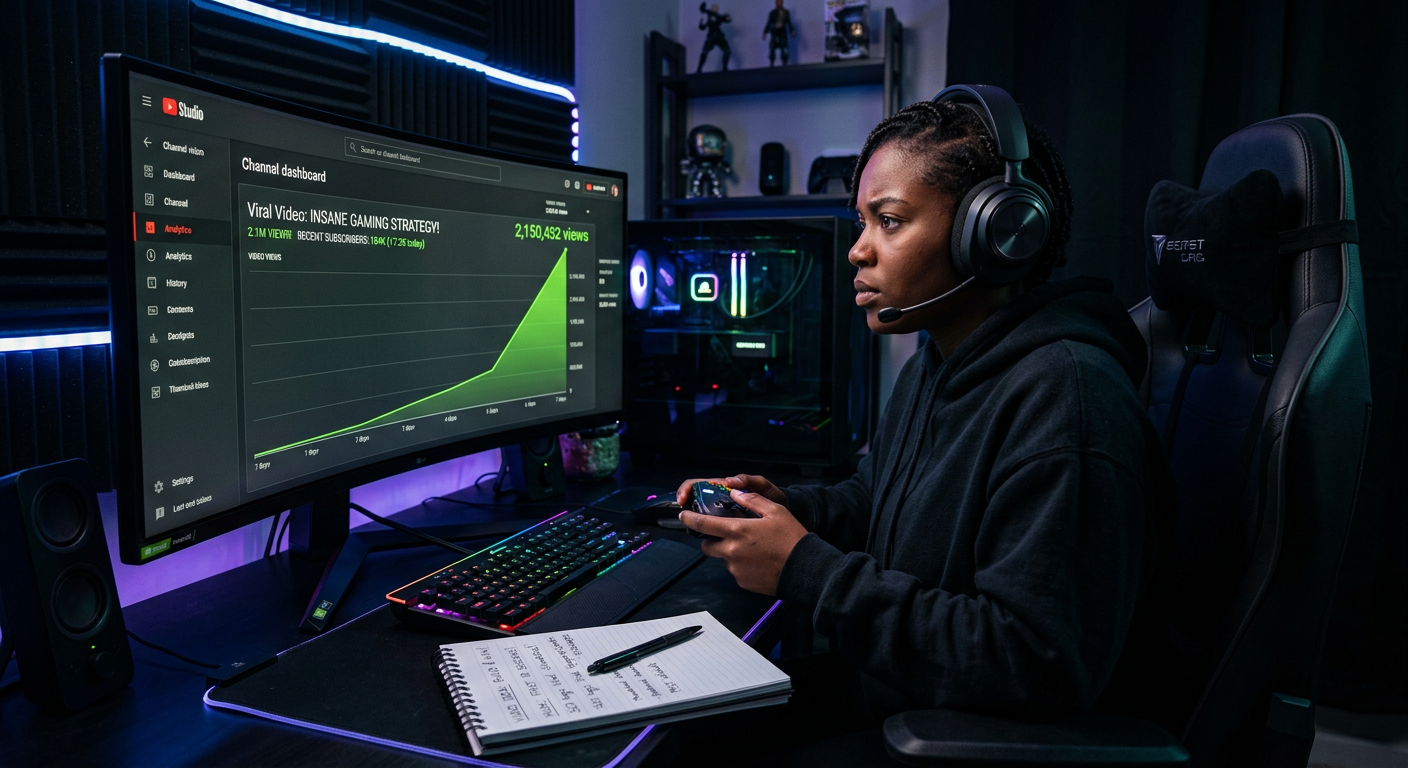 Jovem gamer em seu setup, analisando gráficos de crescimento viral no YouTube, com notas de estratégia e ferramentas de edição visíveis.