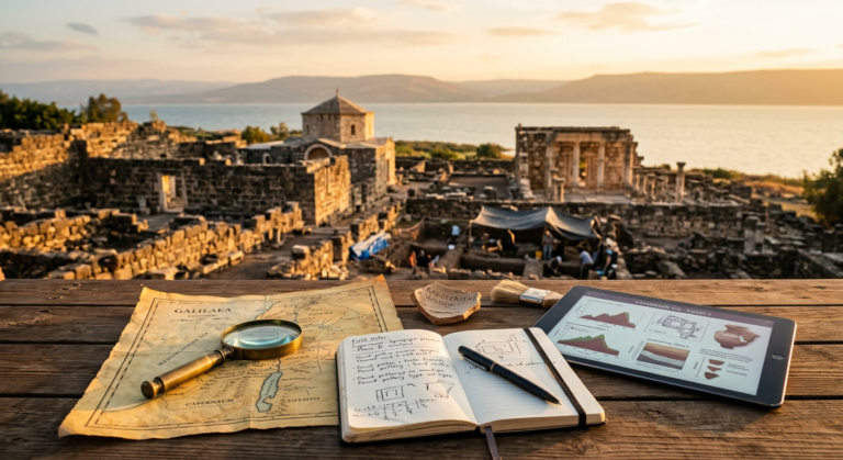 Cena arqueológica e histórica com pergaminhos antigos, mapa do Oriente Médio e ruínas ao fundo, sob a luz do sol, simbolizando a pesquisa do curso 'Jesus à Luz da História'.