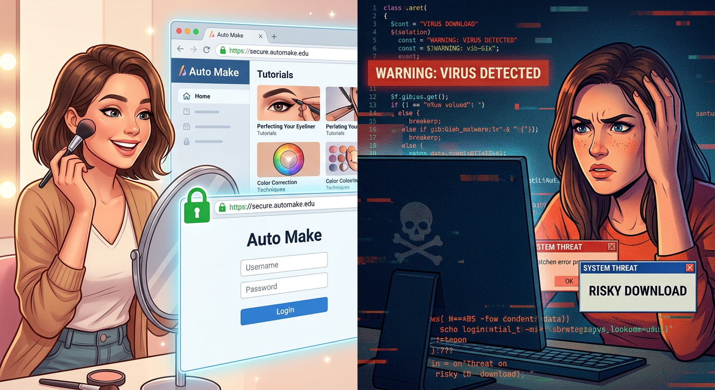 Imagem dividida contrastando o acesso seguro ao curso Auto Make via login oficial e o perigo de downloads piratas. Lado esquerdo mostra mulher feliz maquiando-se com tela de login seguro. Lado direito mostra mulher frustrada com tela de vírus e download pirata.