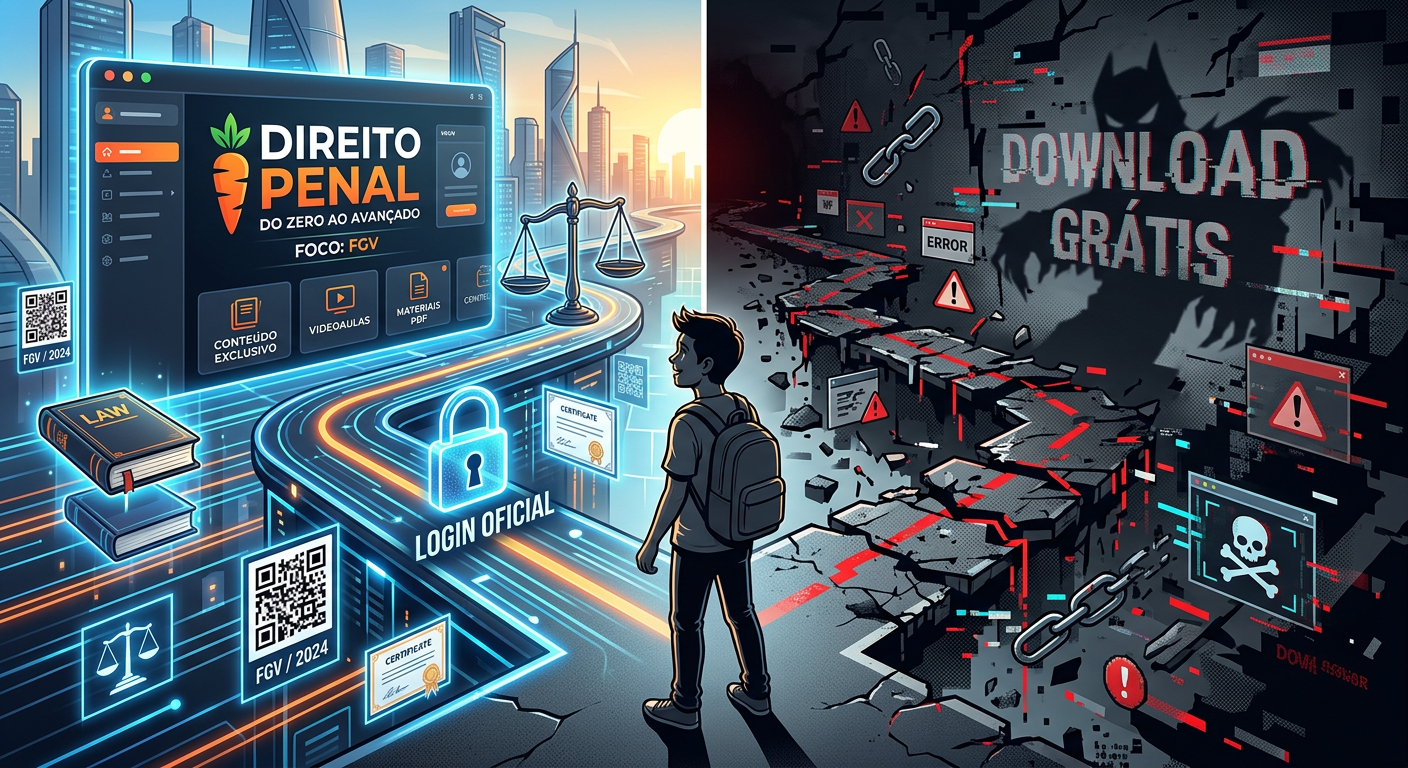 Imagem dividida contrastando um caminho digital seguro e iluminado da Plataforma Cenoura 2.0 para Direito Penal FGV com um caminho escuro e quebrado que representa downloads grátis e suas armadilhas.