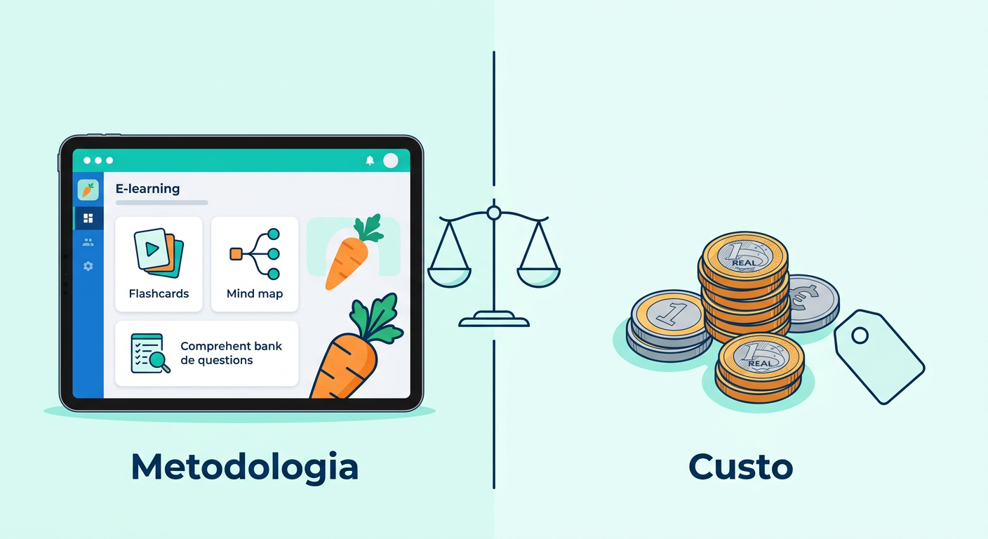 Representação visual da Plataforma do Cenoura 2.0, comparando sua estrutura metodológica (flashcards, mapas mentais, banco de questões) com o custo do investimento.