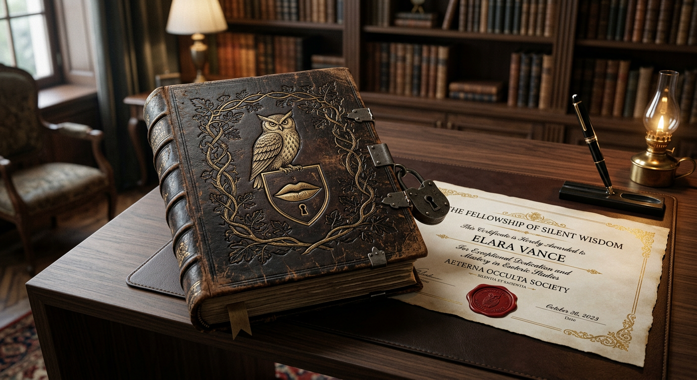 Antigo grimório e um certificado elegante sobre uma mesa, simbolizando o valor estratégico da discrição e da blindagem reputacional no mercado profissional.