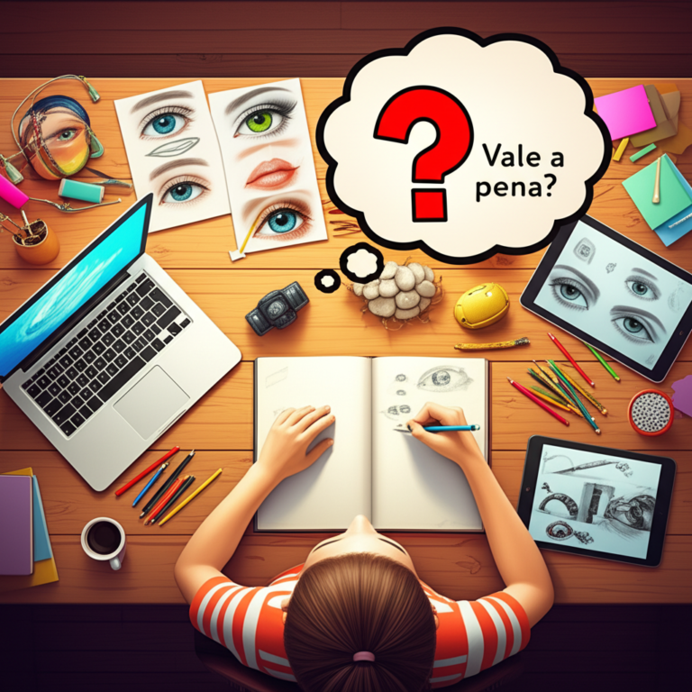 Jovem artista desenhando com lápis de cor e usando computador, rodeado por ilustrações realistas, refletindo a dúvida se o curso Desenhando Sem Dom vale a pena.