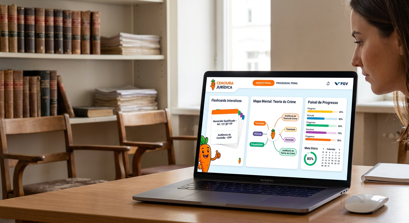 Interface da Plataforma do Cenoura 2.0 com flashcards e mapas mentais digitais, contrastando com livros didáticos e ambiente de estudo tradicionais no fundo.