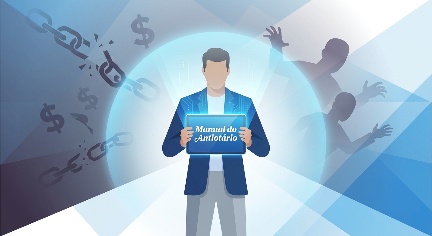 Imagem ilustrativa de um homem se protegendo com um escudo digital emanando de um ebook intitulado 'Manual do Antiotário', simbolizando defesa contra manipulação em relacionamentos.