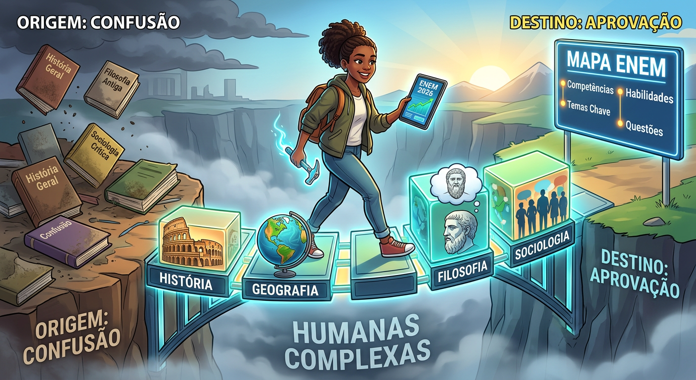 Estudante construindo ponte de conhecimento em Ciências Humanas para o ENEM com blocos de História, Geografia, Filosofia e Sociologia, superando a complexidade.
