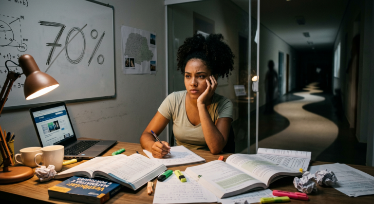 Jovem estudante concentrado(a) em uma mesa de estudos com livros e notas, com a representação de um caminho desafiador (trilha) ao fundo, simbolizando a jornada para a aprovação no vestibular do Paraná e as dificuldades enfrentadas por muitos.