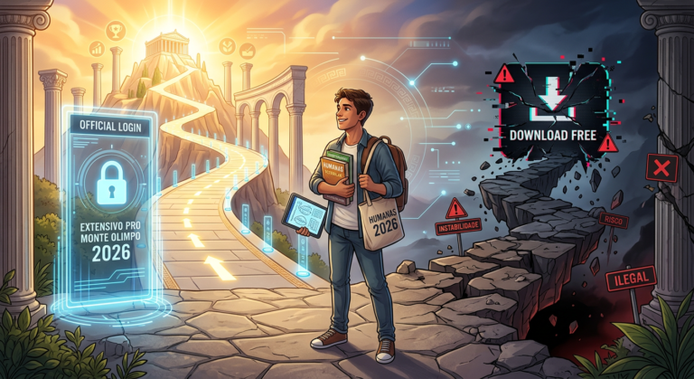 Estudante escolhendo entre o login oficial seguro do Extensivo PRO Monte Olimpo 2026 e um perigoso download grátis pirata, com um Monte Olimpo estilizado ao fundo.