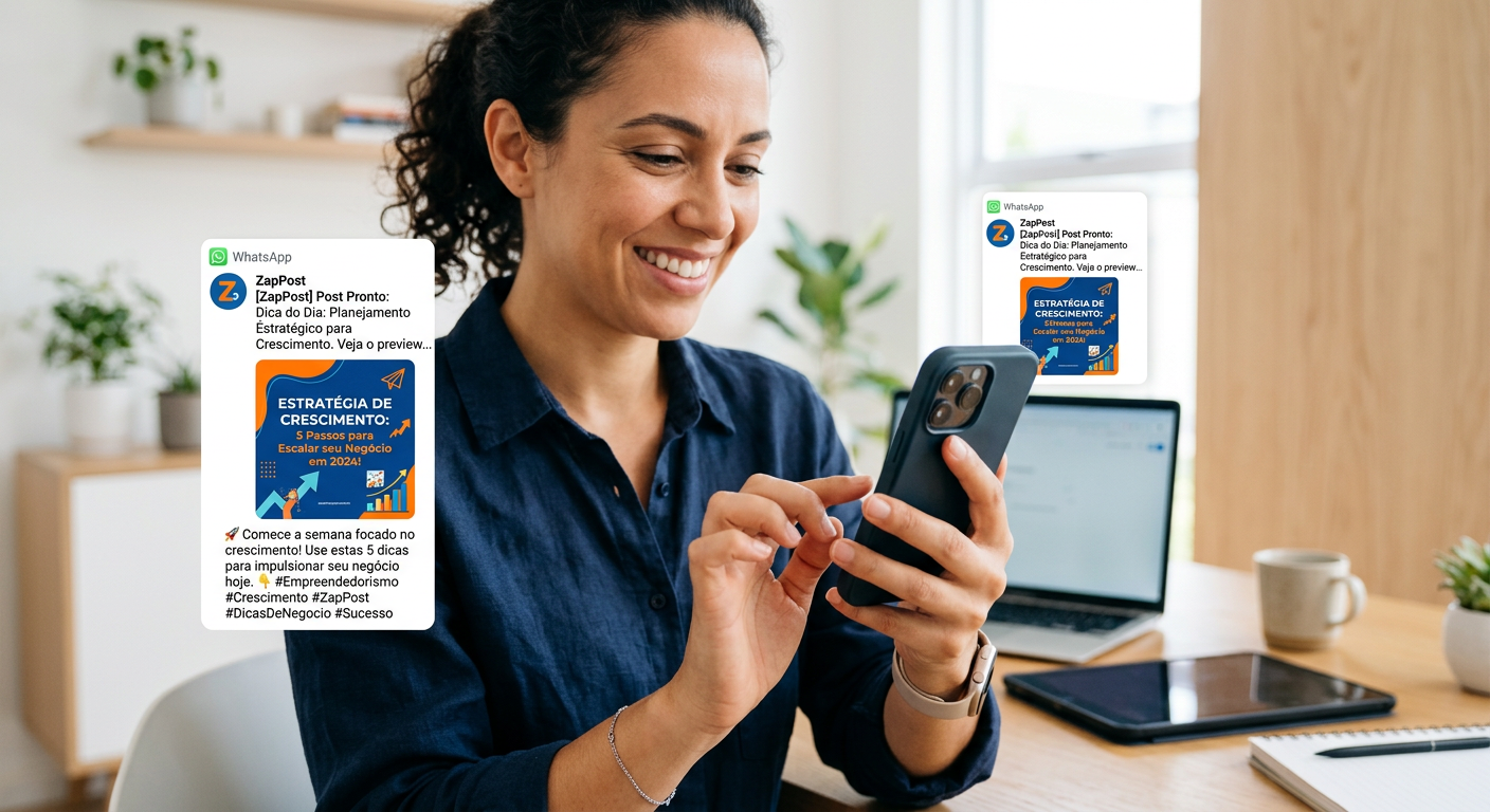Smartphone exibindo um post completo do ZapPost (imagem, legenda e hashtags) entregue via WhatsApp, com um usuário satisfeito. Ilustra a facilidade de criação de conteúdo diário para redes sociais.