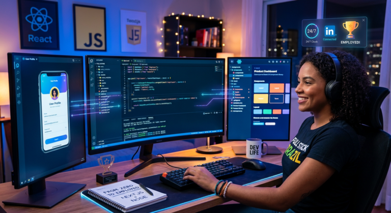 Jovem desenvolvedor(a) focado(a) em múltiplas telas com código Full Stack (Front-end, Back-end, Mobile), simbolizando a formação DevClub BR e sucesso na carreira tech.