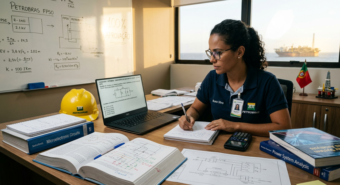Engenheiro(a) elétrico(a)/eletrônico(a) focado(a) estudando para o concurso Petrobras Cesgranrio, com diagramas técnicos e elementos que remetem à companhia.