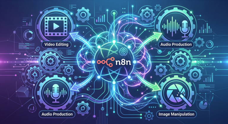 Gráfico conceitual com o logo do n8n, símbolos de IA (cérebro estilizado), ícones de vídeo, áudio e edição de imagem, e setas de fluxo de trabalho, sugerindo automação e alta qualidade.