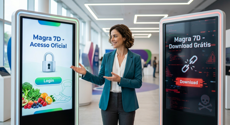 Mulher saudável e profissional (Mariana Ferri d'Avila) comparando o login oficial seguro do Magra 7D com a tela de download grátis pirata e arriscada.