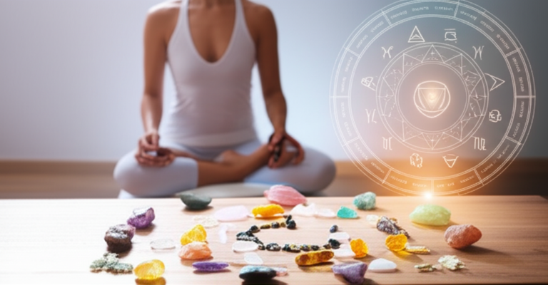 Estúdio de yoga com terapeuta de cristaloterapia rodeado por cristais coloridos formando uma mandala e símbolos de chakras.