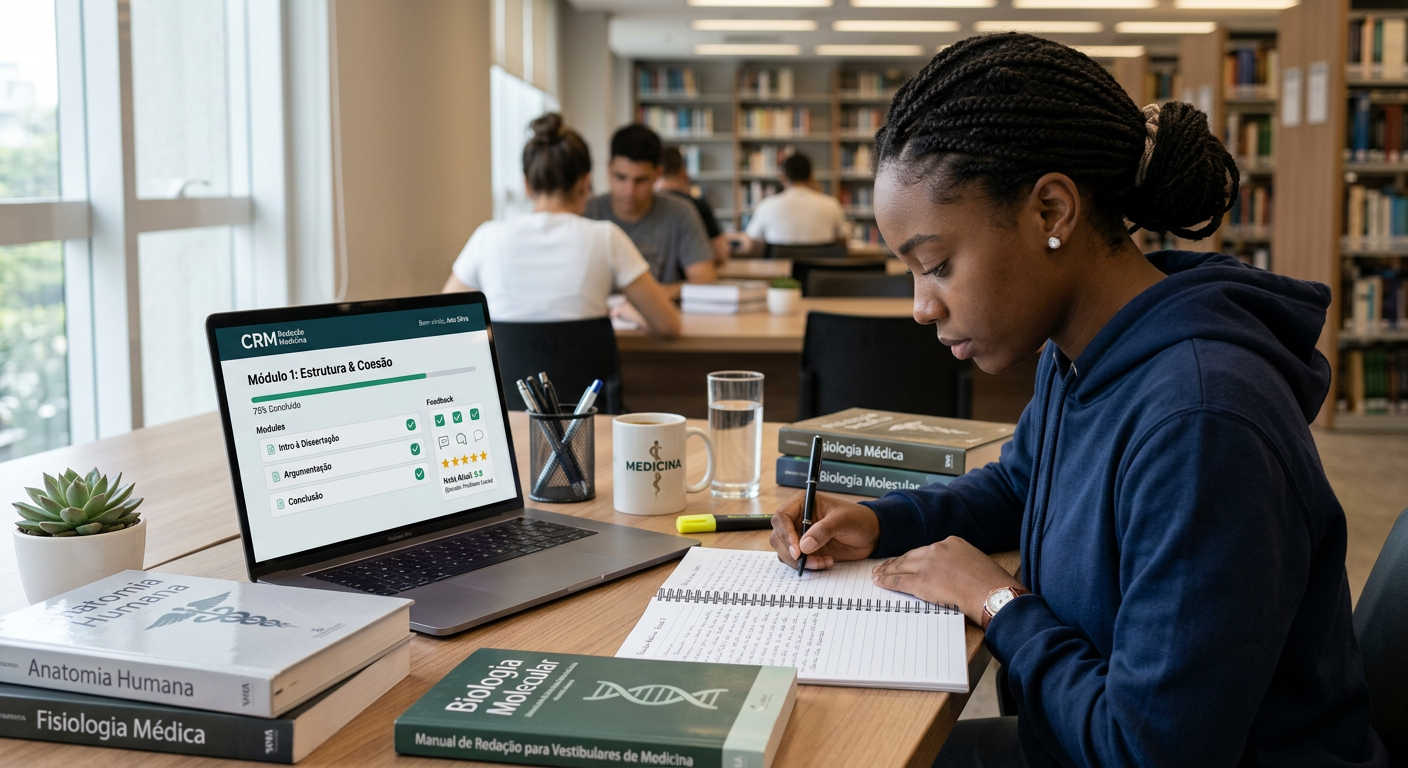 Estudante focado escrevendo redação de medicina, com laptop exibindo curso CRM Redação Medicina e livros médicos.