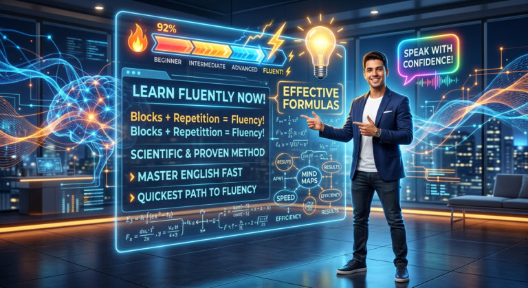Um homem jovem em um estúdio moderno, gesticulando para uma tela digital transparente com fórmulas de aprendizado de inglês, frases conectadas e um gráfico de progresso rápido e ascendente, representando a Fórmula da Fluência de Caio R.