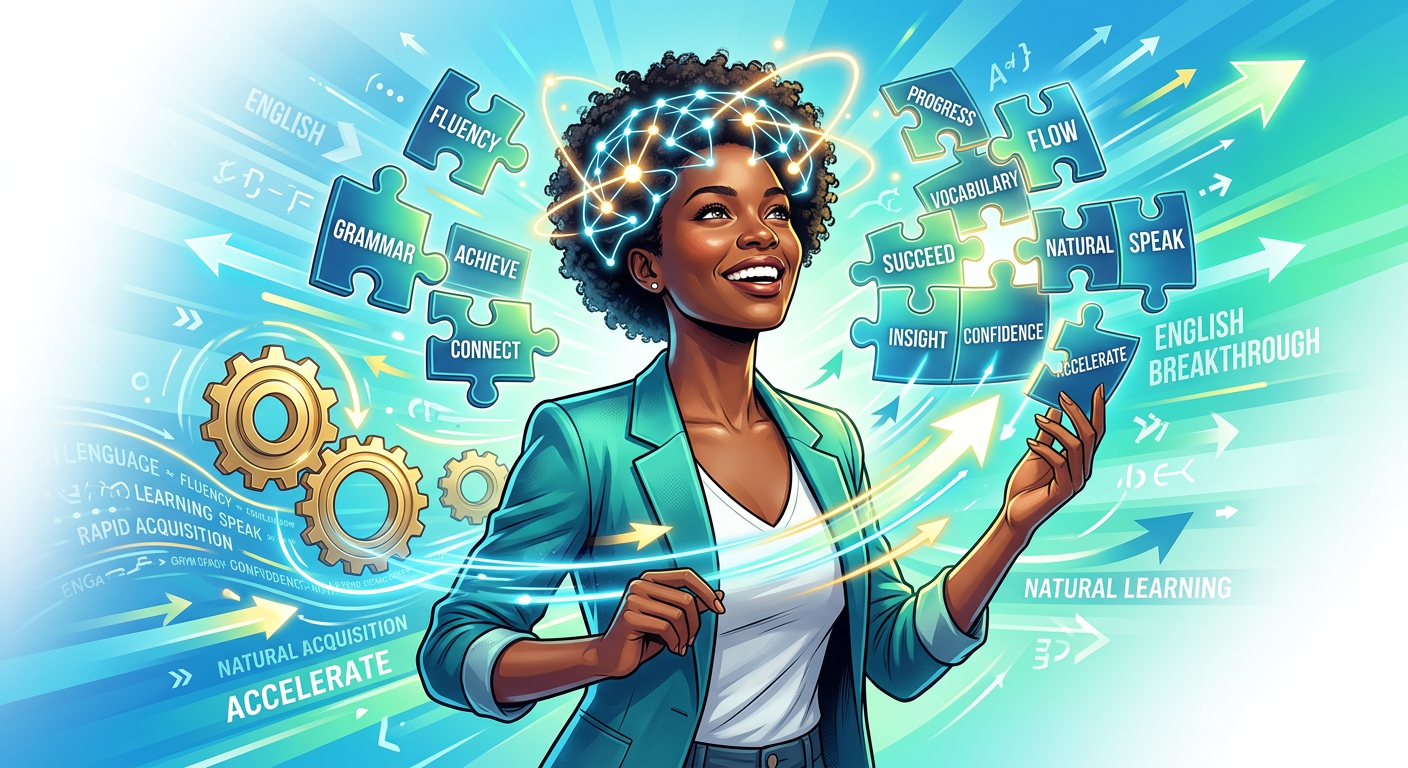 Ilustração moderna do curso Fórmula da Fluência, com uma pessoa confiante cercada por elementos gráficos que simbolizam a velocidade e a simplificação do aprendizado de inglês, refletindo a metodologia de Caio R.