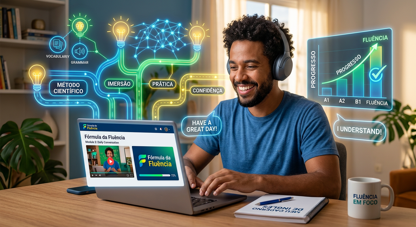 Jovem adulto brasileiro aprendendo inglês online com foco e fones de ouvido, simbolizando a Fórmula da Fluência e o método estruturado para alcançar fluência.