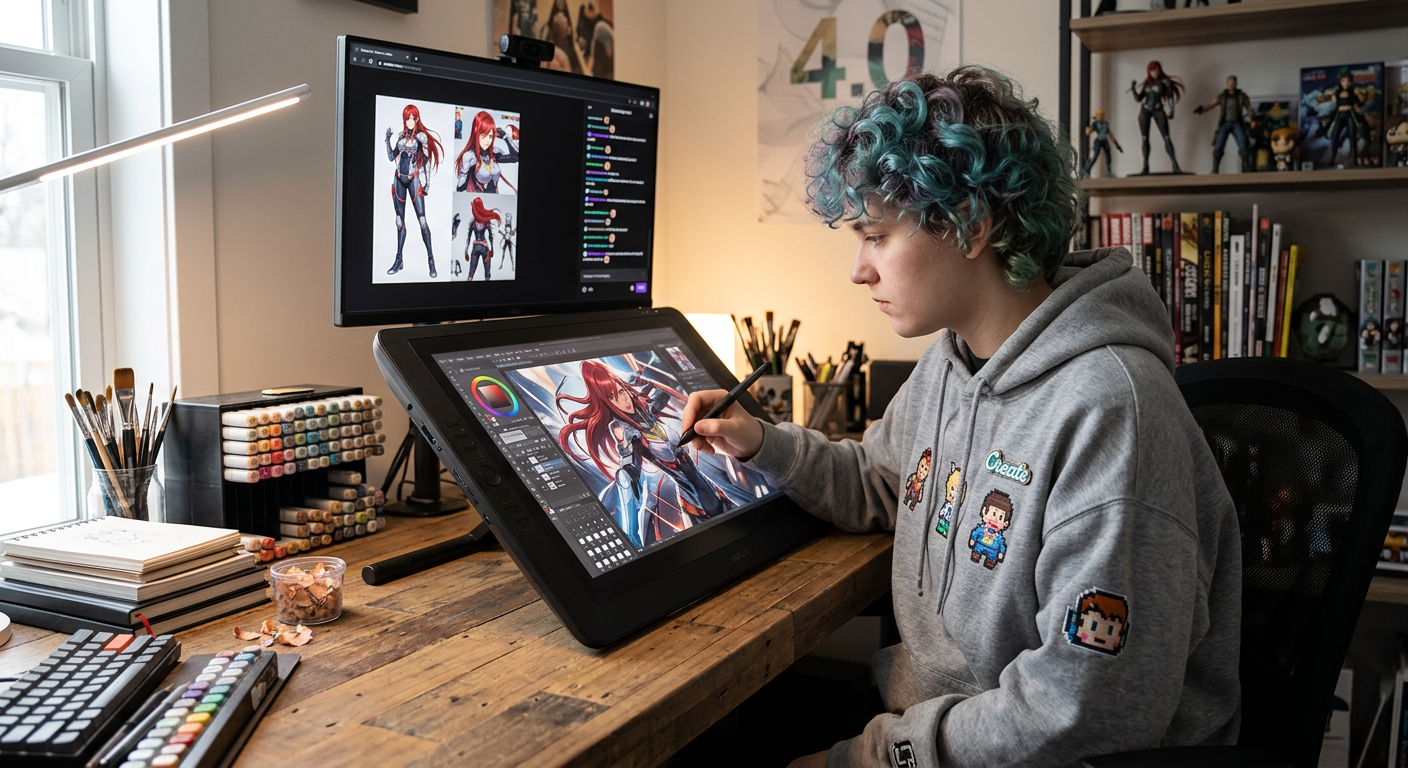 Jovem artista desenhando fanart vibrante de um personagem popular em um tablet digital, cercado por materiais de arte em um estúdio moderno, simbolizando a transição de hobby para profissão.