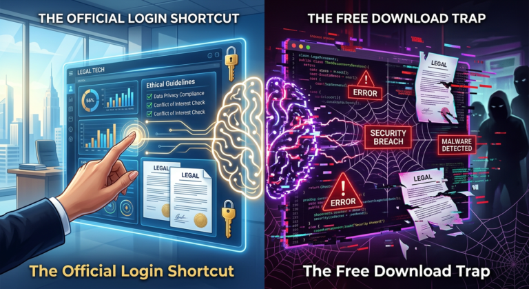Imagem conceitual de tela dividida mostrando o uso seguro da IA jurídica (login oficial) versus os riscos do download gratuito.