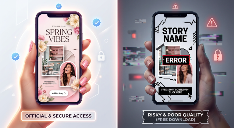 Contraste visual entre um Instagram Story feminino e profissional em um celular (acesso oficial StoriesPerfeitos) e um Story bagunçado/com erros em outro celular (download grátis e pirata).