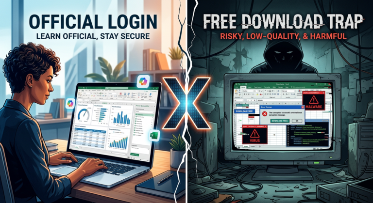 Comparação visual: Acesso seguro e oficial ao Curso de Excel Expert da Expert Cursos versus riscos e armadilhas de download gratuito e pirataria.