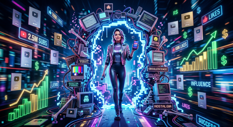Imagem conceitual de um influencer digital moderno interagindo com um 'fóssil digital' brilhante, com ícones do YouTube e cifras de dinheiro, representando o questionamento sobre a relevância do curso Influencer Milionário LEGACY.