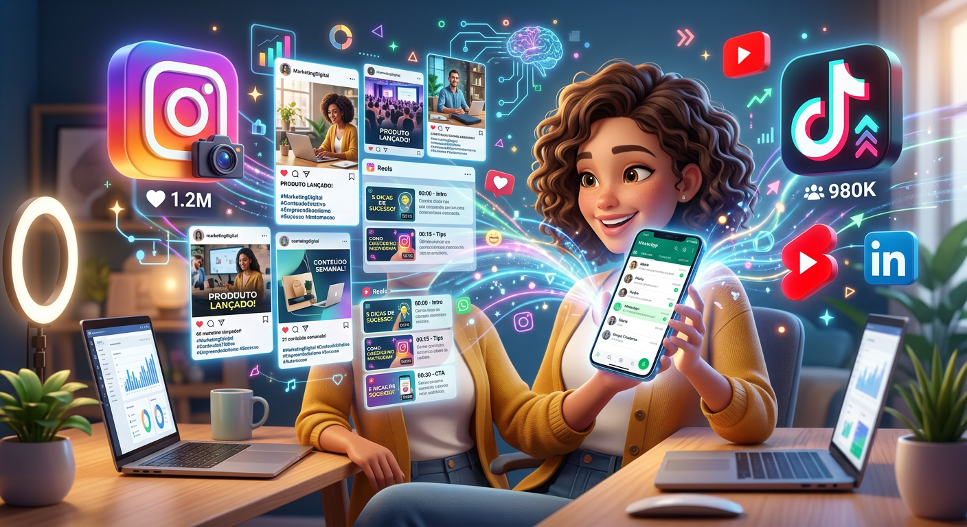 Empreendedor sorridente recebendo posts e roteiros de vídeos para redes sociais via WhatsApp do ZAPPOST, com elementos de inteligência artificial e ícones de redes sociais ao redor, simbolizando automação e facilidade.