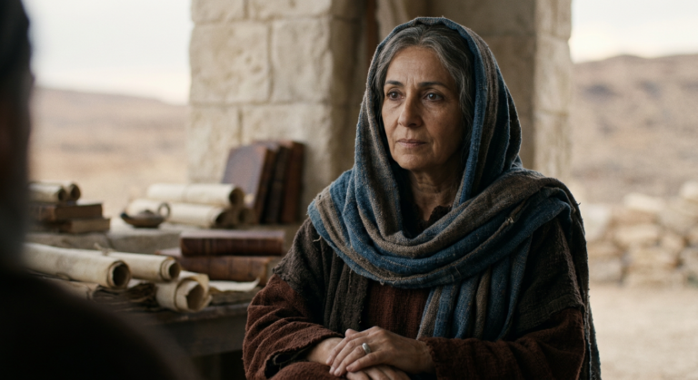 Retrato cinematográfico de Maria, mãe de Jesus, em estilo documental, com fundo que remete à história e pesquisa, ideal para um curso sobre sua biografia.