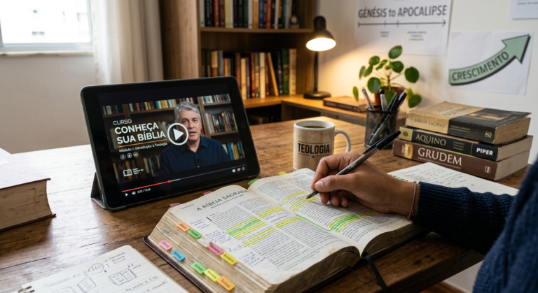 Pessoa estudando a Bíblia aberta e anotada ao lado de um tablet com o 'Curso Conheça Sua Bíblia' do Presbítero André Sanchez, representando aprendizado digital e aprofundado.