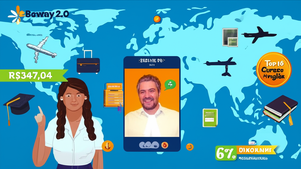 Ilustração de estudante brasileiro conversando em inglês com o professor Jonas, mostrando ícones de viagem, negócios e academia, com logo Beway 2.0 e destaque para preço promocional.
