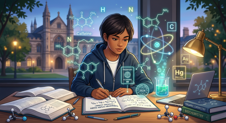 Estudante focada com elementos de química e símbolos de medicina, representando a jornada de aprovação em vestibulares com o IQPASS.