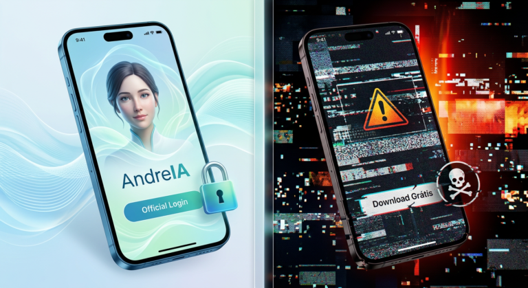 Imagem dividida comparando o acesso seguro ao AndreIA Terapeuta de Bolso via login oficial e os perigos de um download grátis pirata.