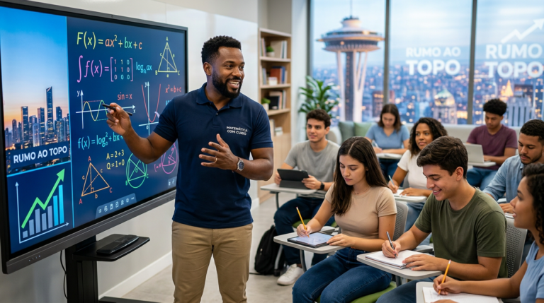 Professor Sandro Curió ensinando matemática em uma tela digital interativa para alunos dedicados, simbolizando o caminho para o sucesso em exames e concursos.
