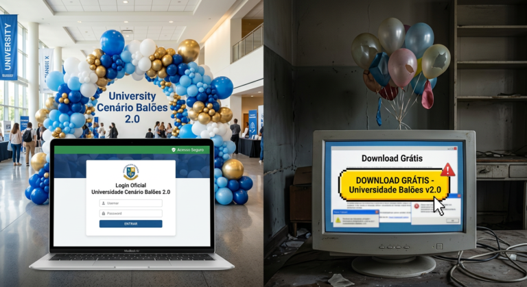 Imagem dividida: à esquerda, tela de login oficial para Universidade Cenário Balões 2.0 com cenário de balões orgânicos profissionais; à direita, tela de 'Download Grátis' com balões desinflados ou de má qualidade, simbolizando a armadilha da pirataria.
