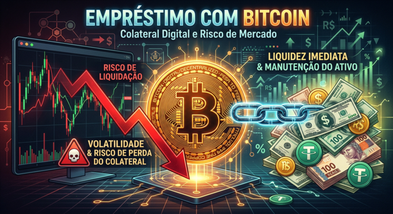Ilustração do conceito de empréstimo com Bitcoin, mostrando a moeda digital como garantia e notas de dinheiro ou stablecoins como liquidez, com risco de liquidação ao fundo.
