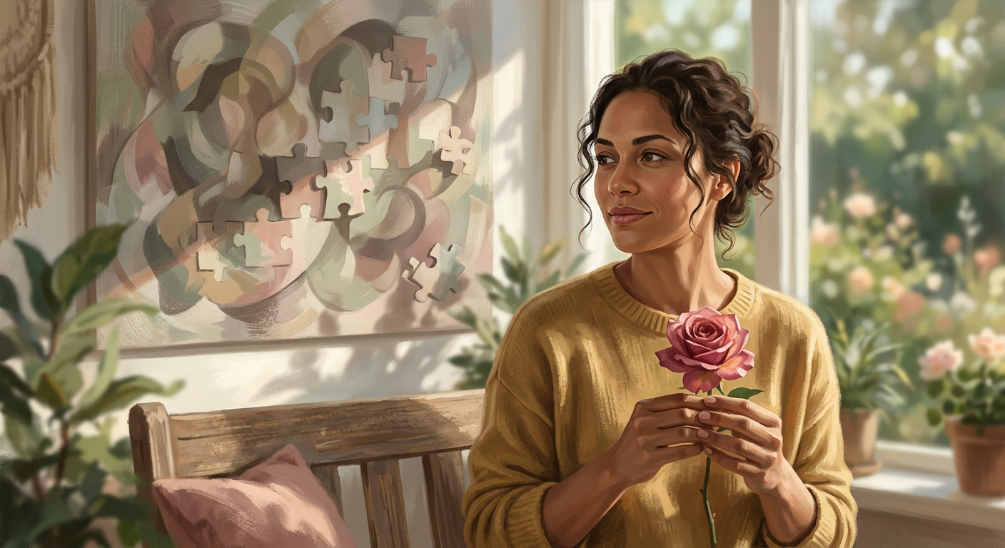 Mulher pensativa com uma flor, simbolizando autoamor, cura emocional e os desafios internos da jornada de autoconhecimento.