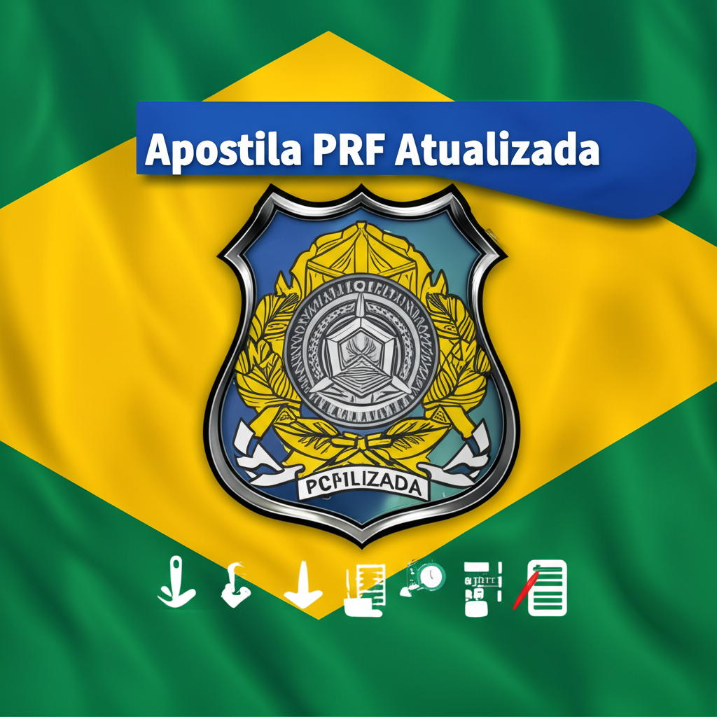 Capa digital da Apostila PRF Atualizada mostrando um carro de polícia, bandeira do Brasil e ícones de estudo.