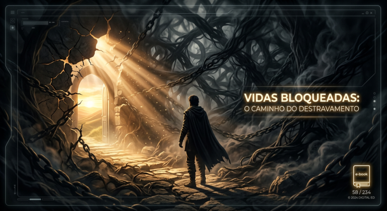 Ilustração simbólica de uma pessoa superando bloqueios mentais e emocionais, com luz emergindo de um labirinto escuro. Representa o destravamento de potencial através do e-book 'Vidas Bloqueadas' de Ivan Maia sobre PNL e autossabotagem.