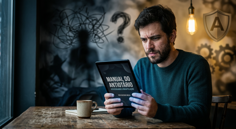 Homem pensativo com o ebook 'Manual do Antiotário', cercado por símbolos de manipulação e clareza, ilustrando a dúvida entre eficácia e marketing.