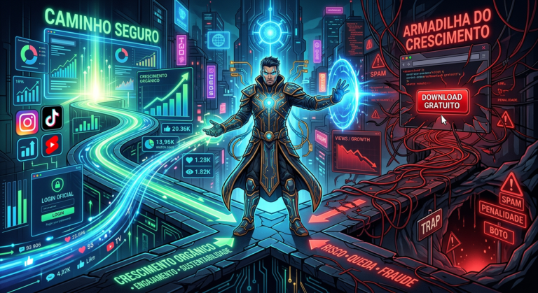 Ilustração digital: Mestre do Algoritmo escolhe entre o caminho do login oficial seguro (crescimento orgânico, watch time) e a armadilha do download grátis (risco, shadowban, estagnação).