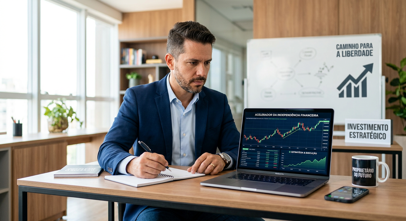 Renan Diego (ou mentor financeiro) focado em laptop com gráficos de investimento, simbolizando planejamento e 'trabalho inteligente' para independência financeira.