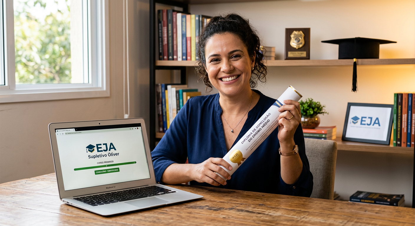 Mulher adulta feliz e sorridente segurando um diploma do EJA Supletivo Óliver, simbolizando a conclusão rápida do ensino médio online e a conquista de novas oportunidades profissionais.