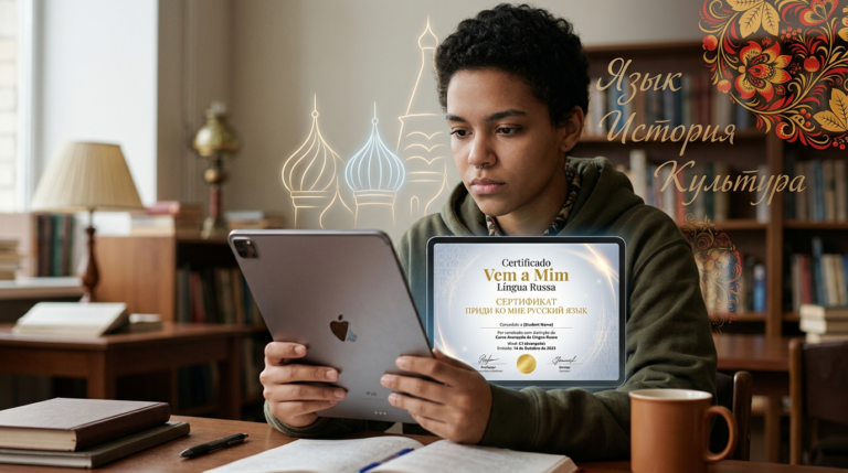 Estudante examinando um certificado digital do curso 'Vem a Mim Língua Russa' em um tablet, com elementos culturais russos ao fundo, simbolizando a busca por reconhecimento e valor de mercado.