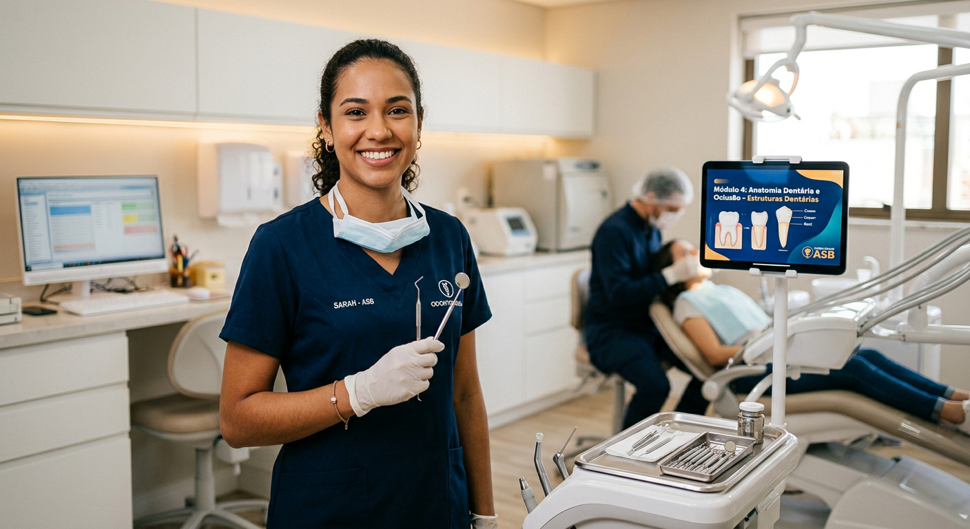 Auxiliar em Saúde Bucal (ASB) em consultório odontológico moderno, simbolizando a aplicação prática de um certificado obtido via curso online.